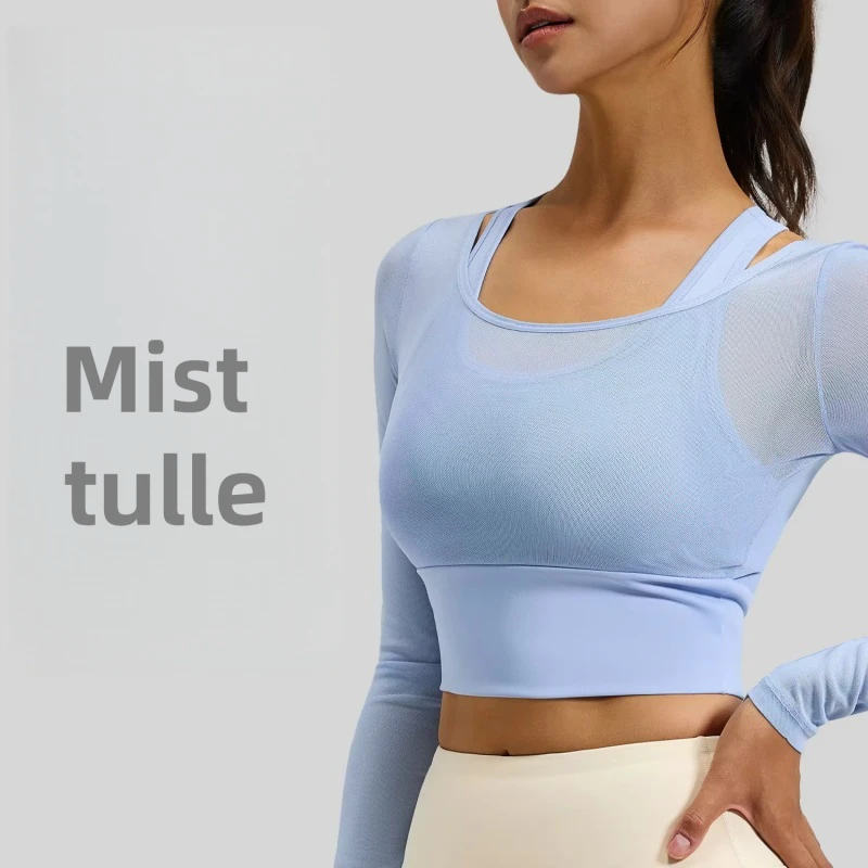 Breathable Mesh Yoga Long-Sleeve Slimming Top Fixed Padded Bra Sports Wear Women Summer