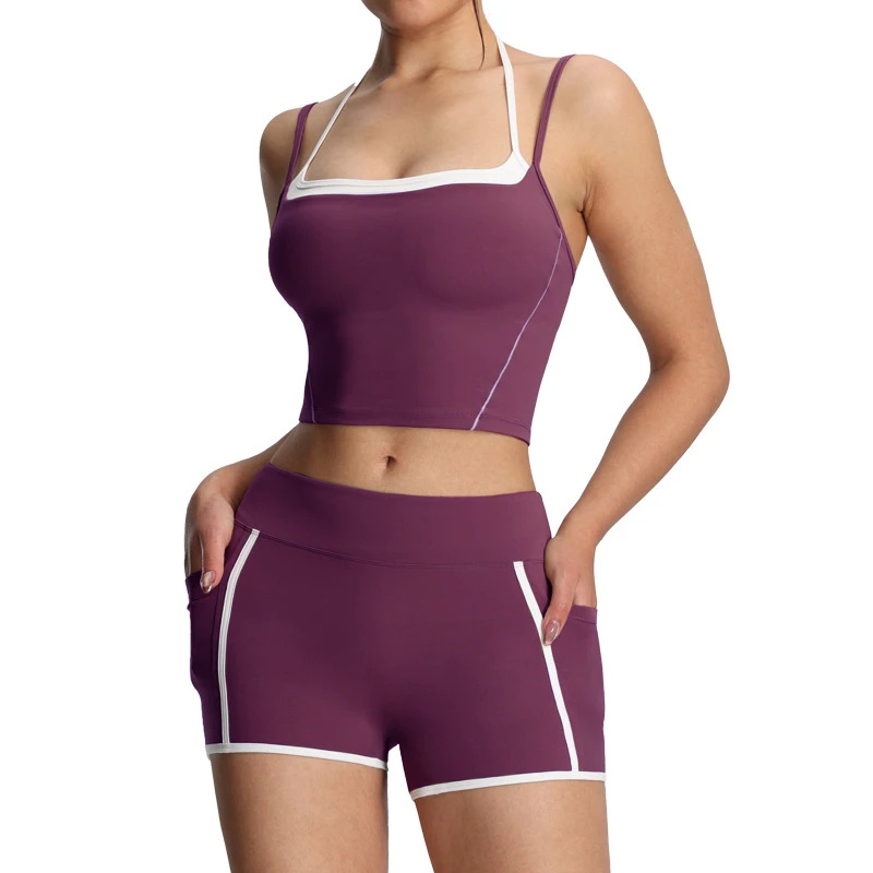 Yoga Sportswear Two-Piece Vest and Shorts Set Spandex/Nylon High Waist Solid Breathable Elastic Waist Fake Neck
