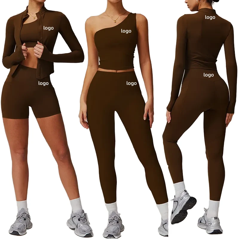 Women Sports Gym Wear Workout Set Tights Crop Top 3 Pieces Seamless Long Sleeve Fitness Yoga Set Exercise Sports Yoga Set