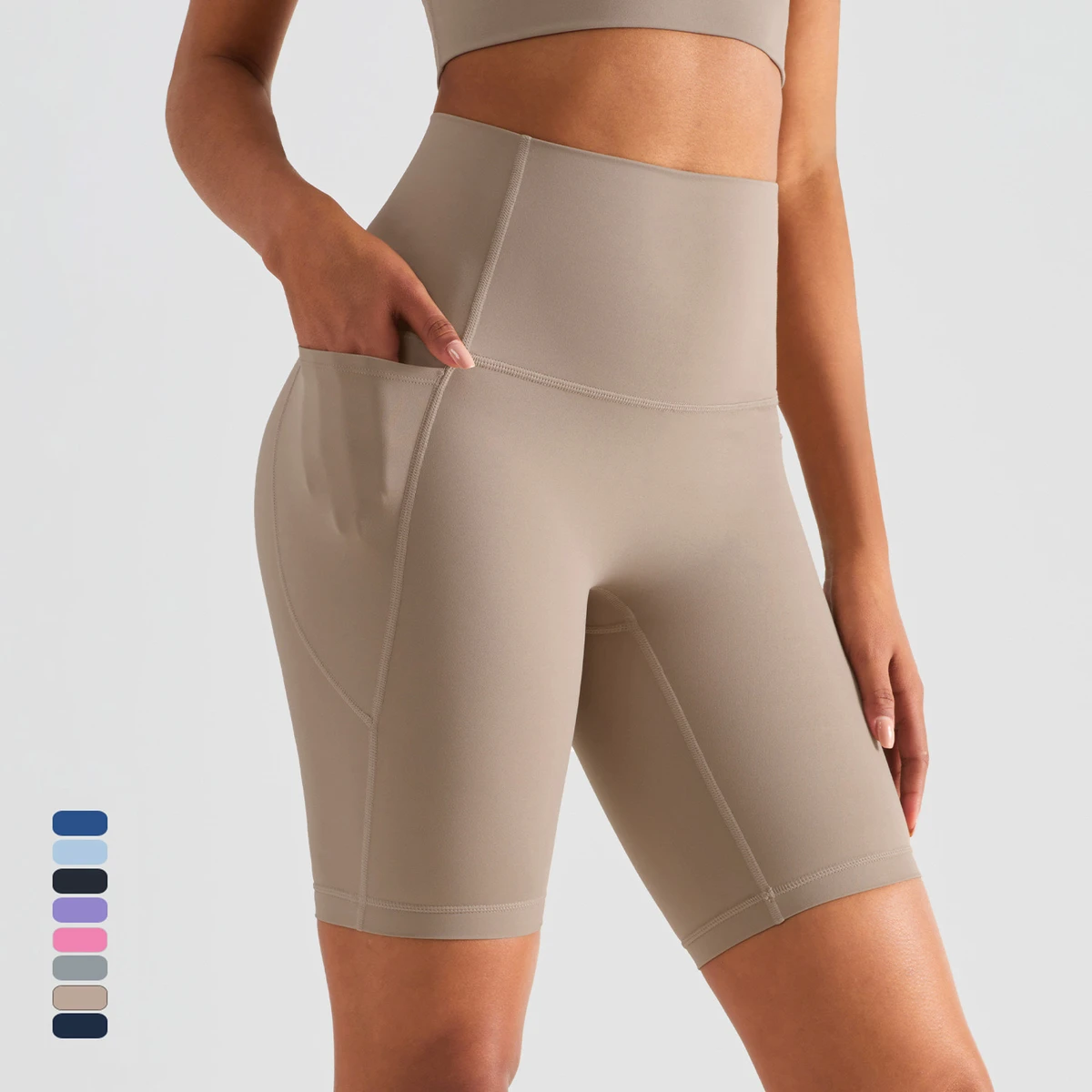 High Waist Compression Athletic Shorts Seamless Biker Shorts Side Pocket Hip Lift Tummy Control Gym Yoga Shorts