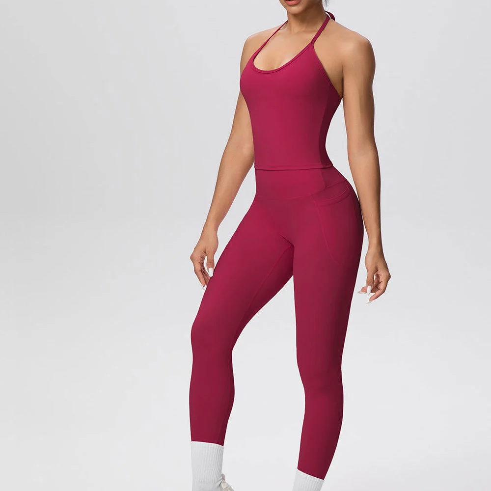 Blue Two-Piece Yoga Set High Waisted Leggings Seamless Crop Top Racerback Solid Color Full Length Four-Way Stretch Breathable