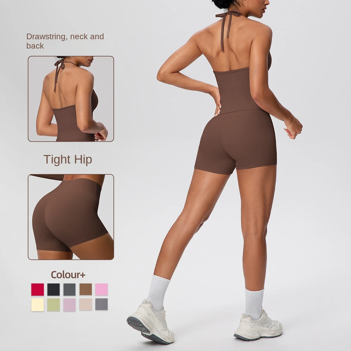 New Breathable Solid Color Back Strap Hanging Neck High Waist Yoga Suit 2-Piece Set Women Wrinkle-Resistant Spandex/Nylon
