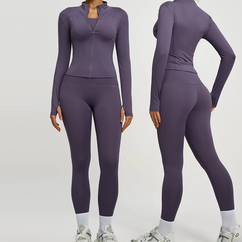 Best Selling Women's High-Elastic Yoga Sports Suit Solid Stand Collar Slim Top Jacket High-Waist Butt-Lifting Pants 2 Piece Set