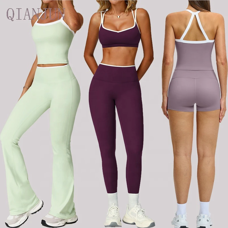 Women Gym Fitness Wear Sportswear Suit Backless Cross White Line Sport Bra High Waist Leggings Sportswear Suit