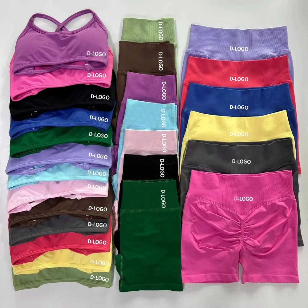 2025 Dynamic Gym Set Women Seamless Yoga Set 2 Pieces Workout Shorts Set Backless Sports Bra Scrunch Bum Shorts Fitness Clothes