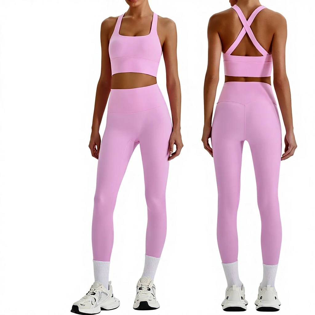 2 Piece Yoga Set Women Cross Strappy Sports Bra and High Waist Leggings Quick Dry Fitness Workout Set Gym Sportswear
