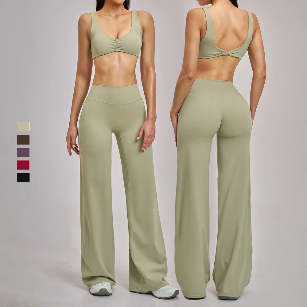 Custom Eco-Friendly Recycled 4-Way Stretch Gym Fitness Sports Bra Wide Leg Yoga Pant High Waist Flared Workout Leggings Yoga Set