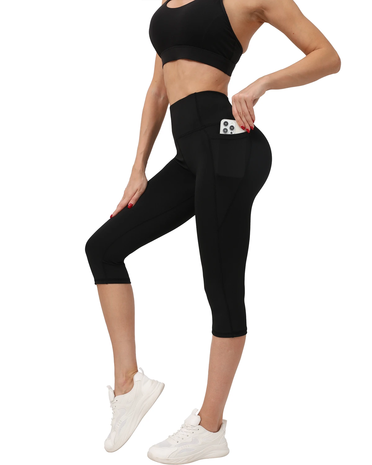 5078 Custom Logo Capri Leggings for Women High Waist Breathable Color Blocking Spandex/Polyester Elastic Waist Pocket