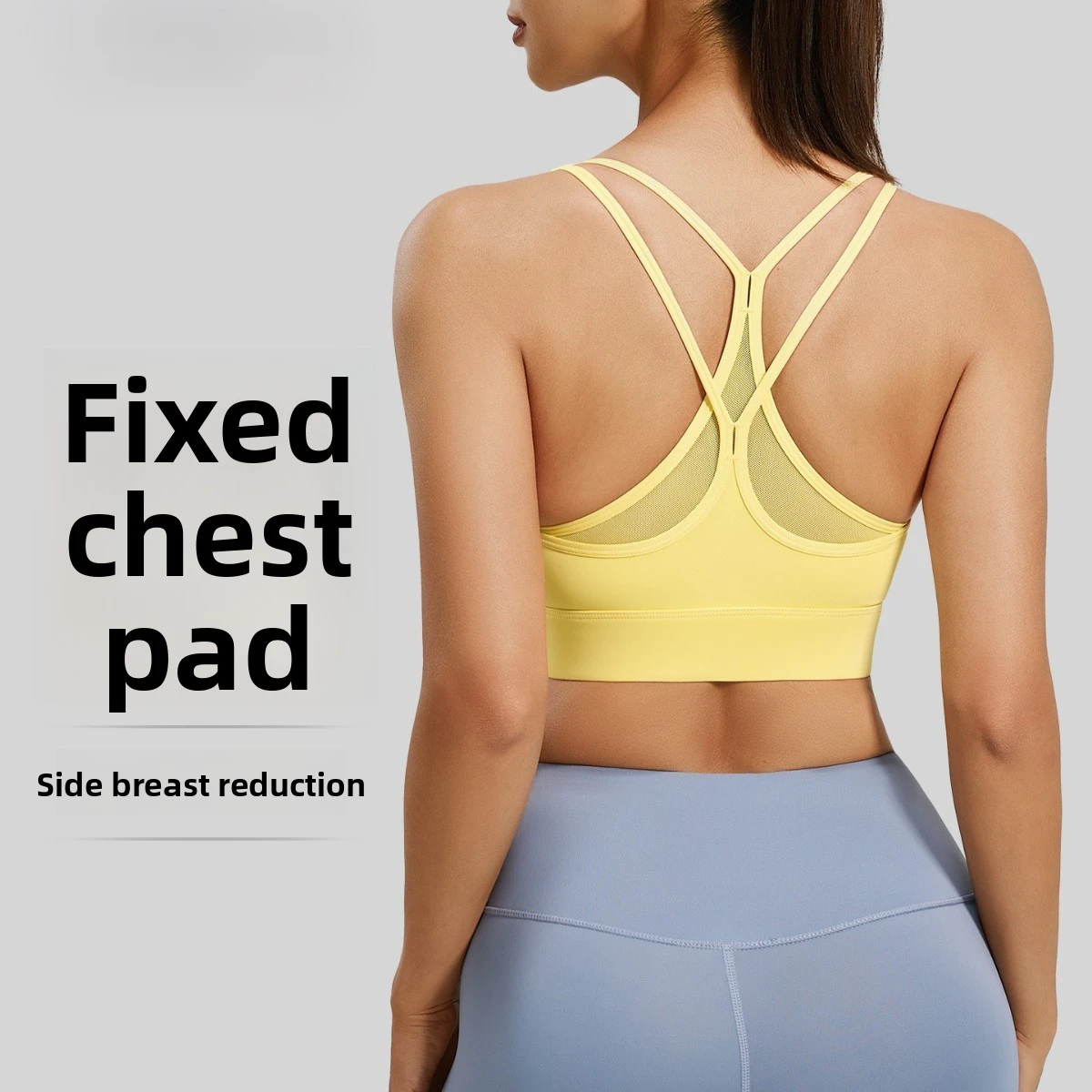 New Peach-Colored Spandex/Polyester Mesh Cross-Strap High Support Shockproof Push-Up Breathable Fitness Sports Bra One-Piece