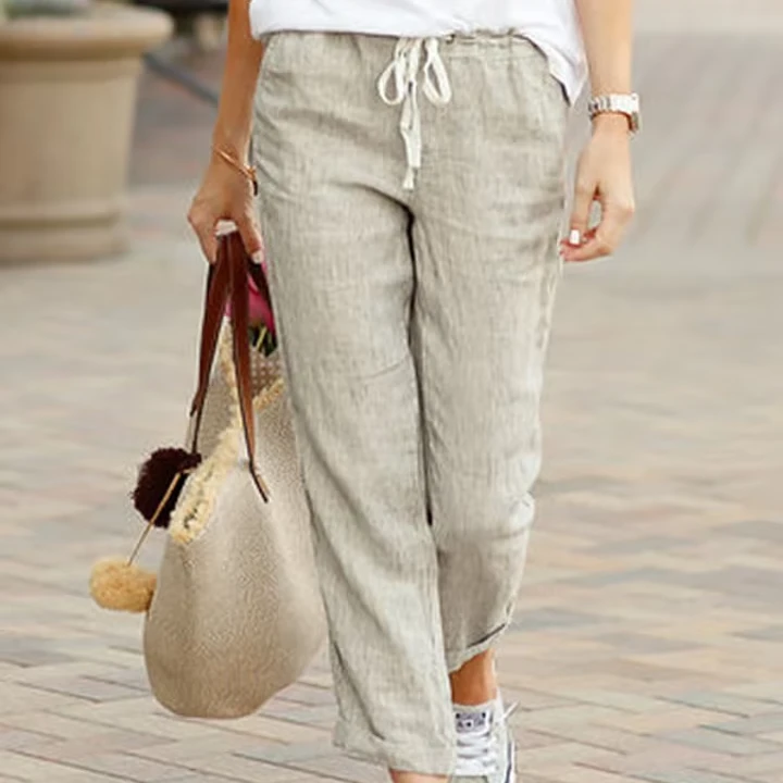 Summer Female Casual Mid Elastic Drawstring Solid Color Flat Wrinkled Technics Women's Cotton Linen Wide Leg Pants for Women