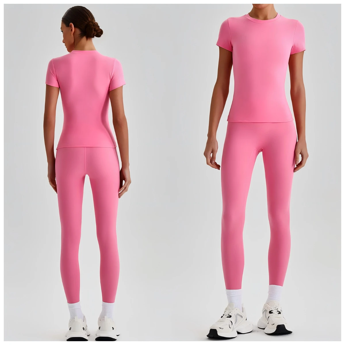 Cross-border Sports Naked Sense Skin-friendly Breathable Solid Color Spandex/Nylon High Elastic Short Sleeve Yoga Pants High