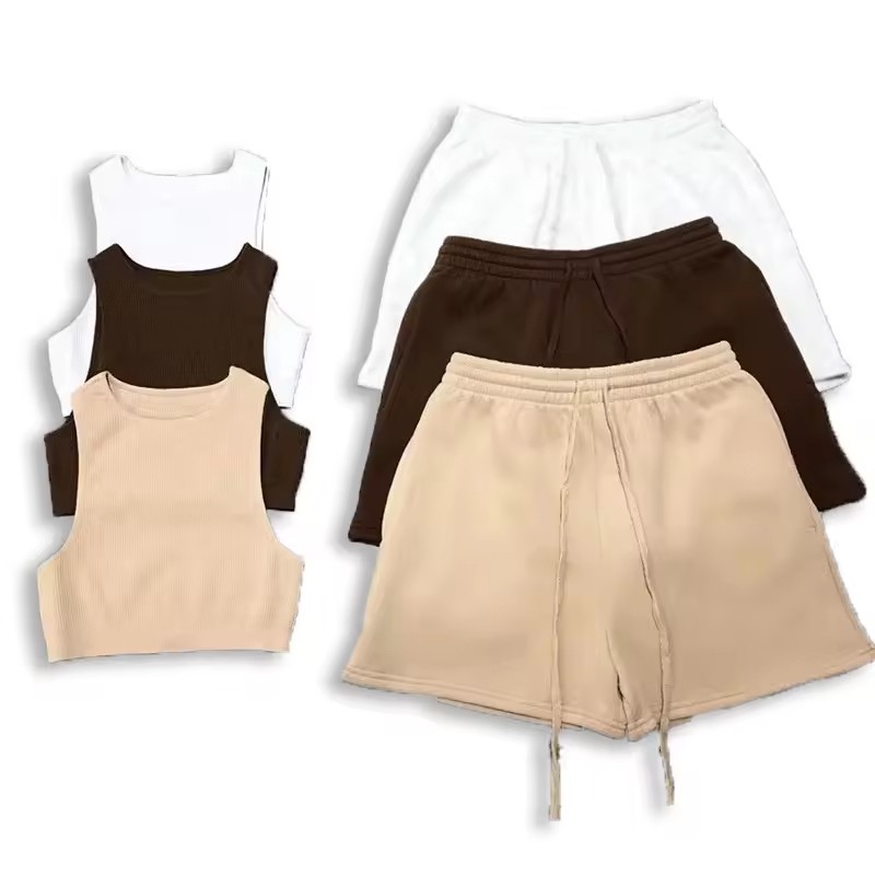 2 Piece Yoga Set High Waist Crop Top & Shorts Solid Color Racerback Sport Wear for Women Breathable Spandex Cotton