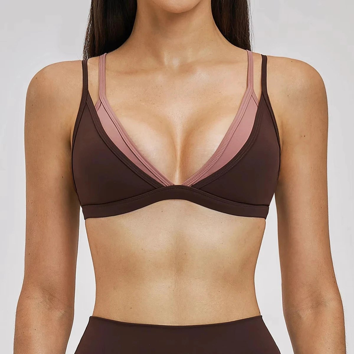 Custom Logo Women Two Tone Fitness Yoga Bra Removable Padded Spandex Stretchy Soft Sports Bra