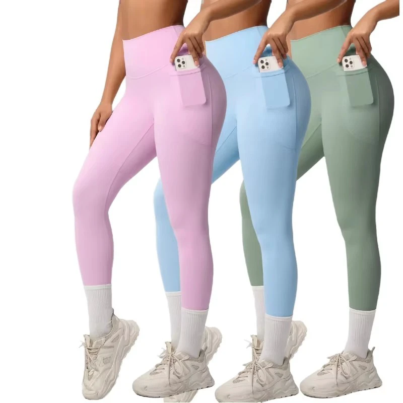 Gym Fitness Athletic Yoga Leggings With Side Pockets Women Workout Compression Tights Sports High Impact Tummy Control Pants
