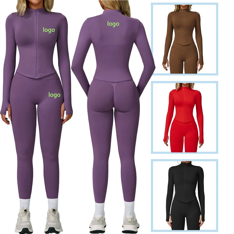 Ladies 2 Pieces Sportswear Track Suit Full-Zip Jacket & High Waist Leggings Fitness Yoga Wear Set