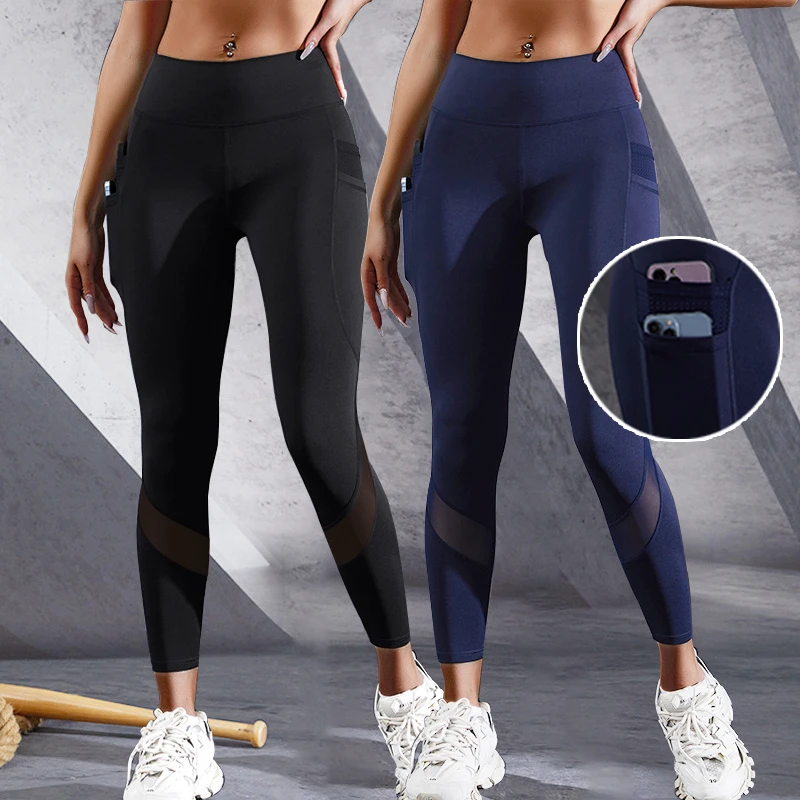 Wholesale Casual Knitted 2 Pockets High Waist Mesh Breathable Skinny Women Leggings Yoga Fitness Pants
