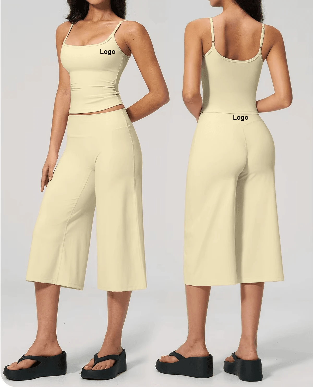 Yoga Vest Top High-Waisted Quick-Drying Solid Casual Wide Leg Capri Pants Running Outdoor Yoga 2-Piece Clothing Set for Women