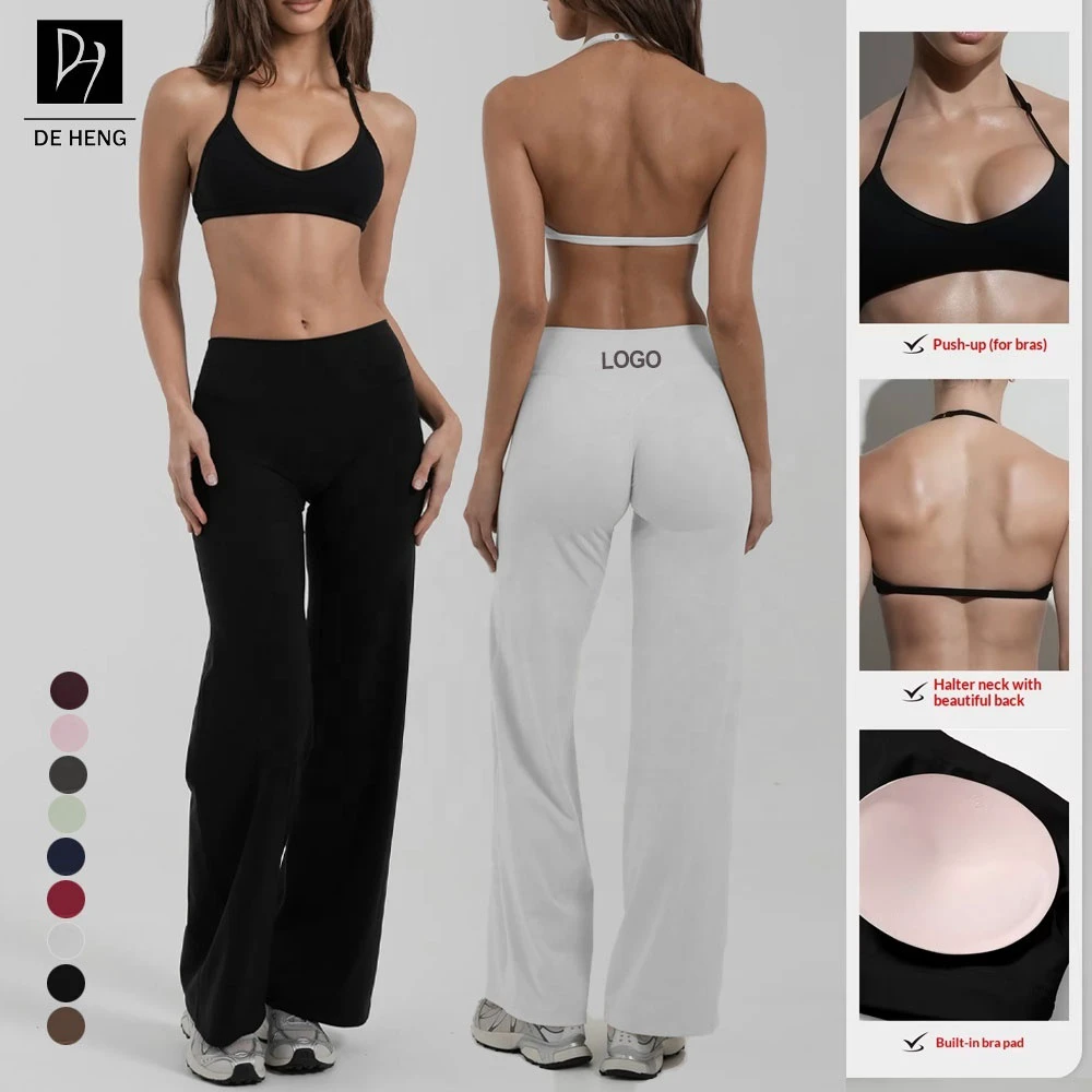 High Quality Activewear 2 Piece Sets Solid Color White Halterneck Yoga Bra Outdoor Fitness Flared Pant Gym Wear Women Sport Sets