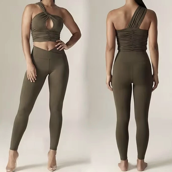 Custom Women 2 Piece Yoga Set One Shoulder Cutout Ruched Crop Top V Cross Waist Leggings Activewear Gym Workout Clothing