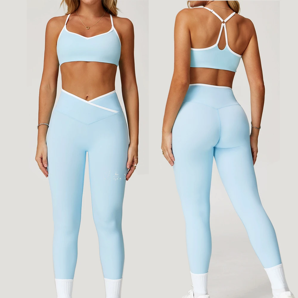 Custom Women Workout Clothing Sets 2 Pieces Cross V Waist Leggings Strappy Sports Bra Yoga Gym Wear Suit