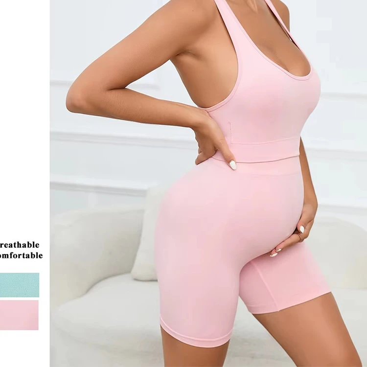 Women's New Pregnant Yoga Set Breathable Moisture Wicking Quick-Drying Washed Solid Fitness Pilates Bra And Shorts