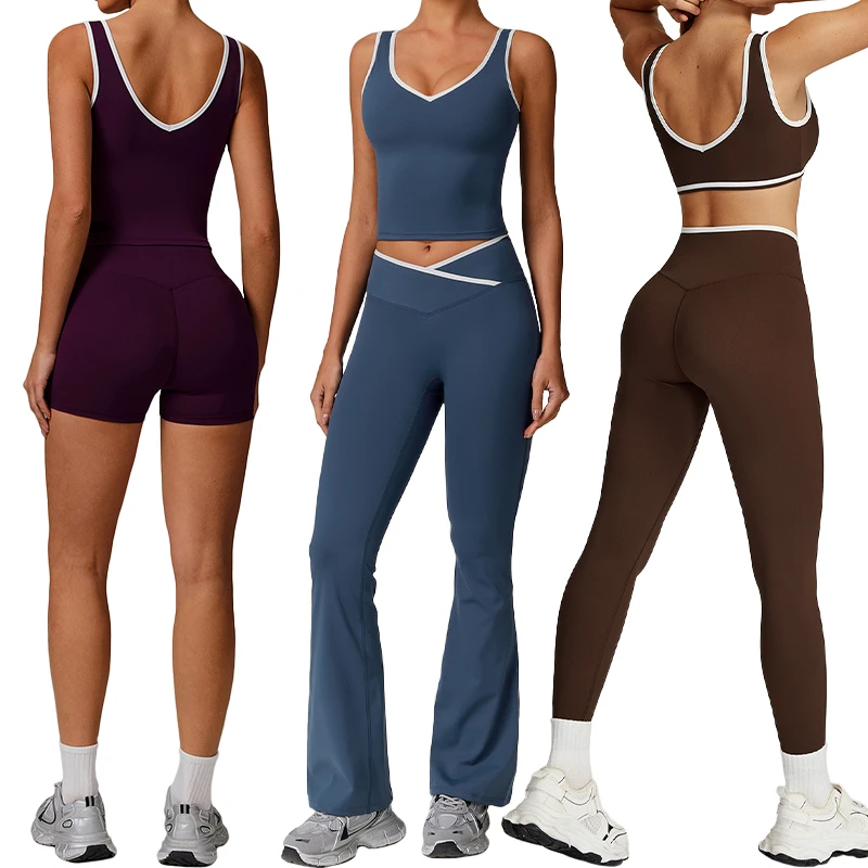 TZ8843 Women Two Piece Contrast Color Stretchy Nude Feeling Cross Over High Waist Comfortable Quick Dry Yoga Sports Set