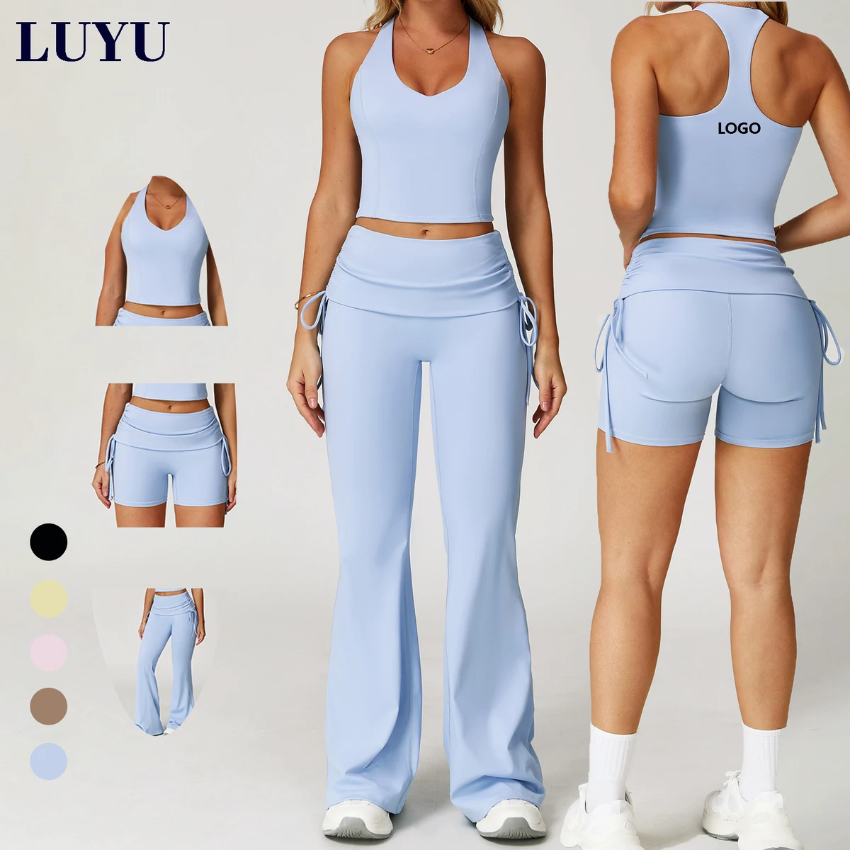 Wholesale Racerback Tank Top Yoga Flares Workout Sets Tummy Control Stretchy Gym Fitness Fold Over Yoga Pants Set
