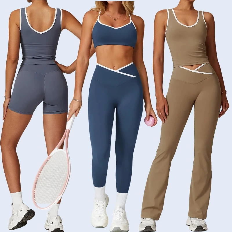 Lady Cross High Waist Flare Pants Sports Sets Gather Crop Bra Hip Lift Shorts Yoga Tracksuit Women Bound Feet Leggings Gym Suits