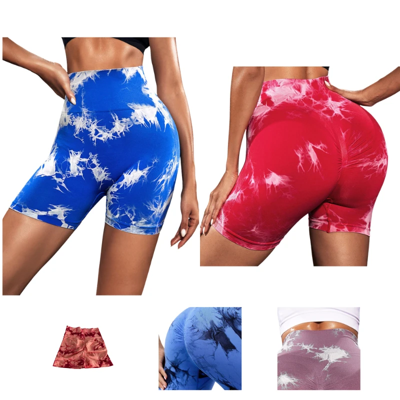 Wholesale Summer Sports Biker Shorts Sets Scrunch Butt Tie Dye Tight High Waist Seamless Yoga Shorts