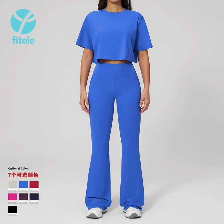 Simple Lightweight Seamless Breathable Yoga Short Sleeve Sets Four Way Stretch Elastic Waist Quick Drying Flared Pants Fitness