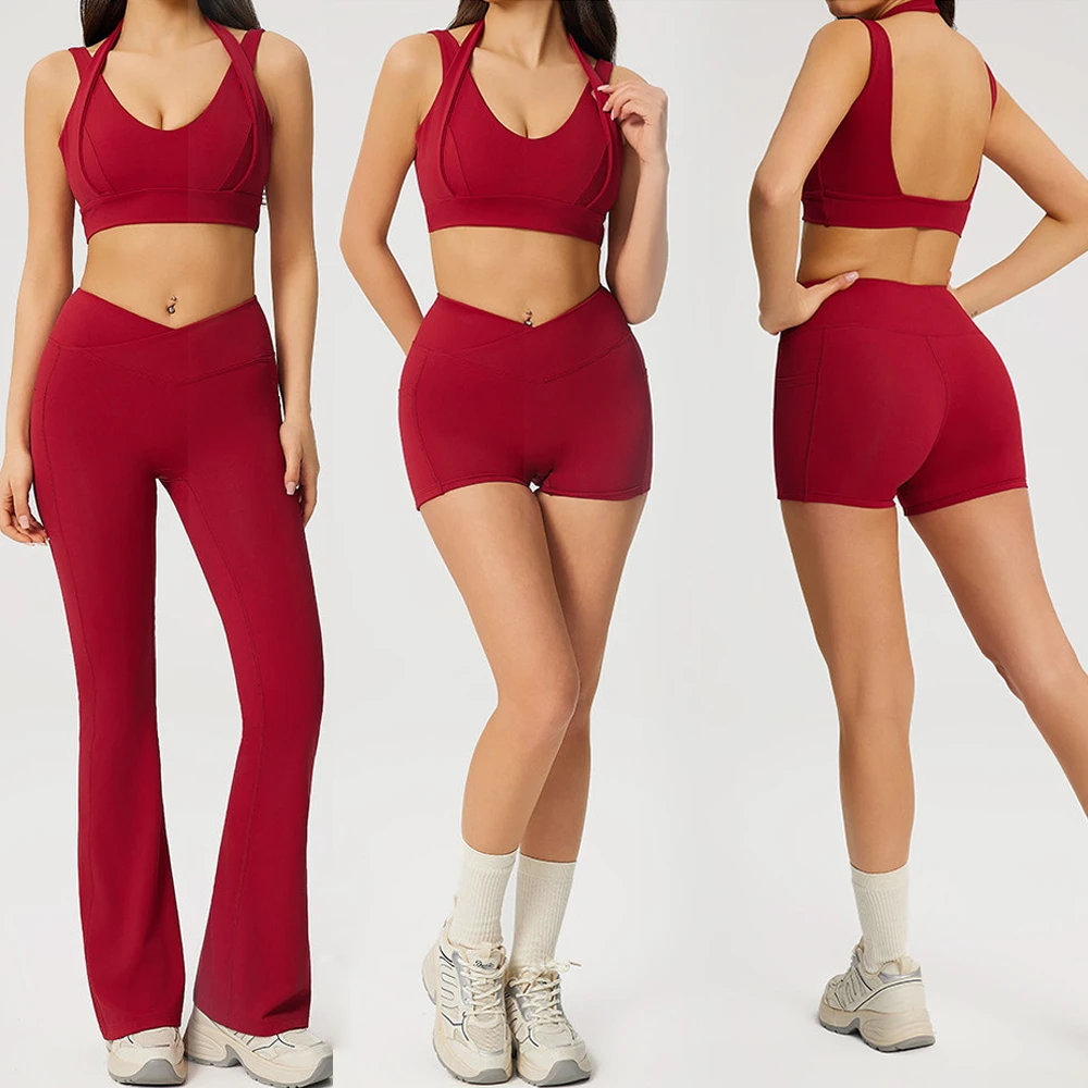 Bnice 2175 Custom Logo Halter V Neck Backless Yoga Set High Waist Flare Leggings Fitness Activewear 2 Piece Set Gym Clothes