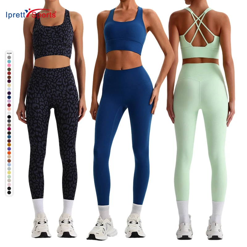 Low MOQ Customized Womens Gym Workout Leggings Yoga Pants Cross Back Strappy High Sports Bra Set for Women Fitness