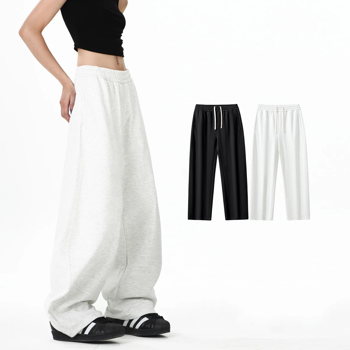 Womens Autumn Loose Wide Leg Flare Pants Mid Waist Flat Front 100% Cotton Eco-Friendly Anti-Wrinkle Casual Comfortable Retro