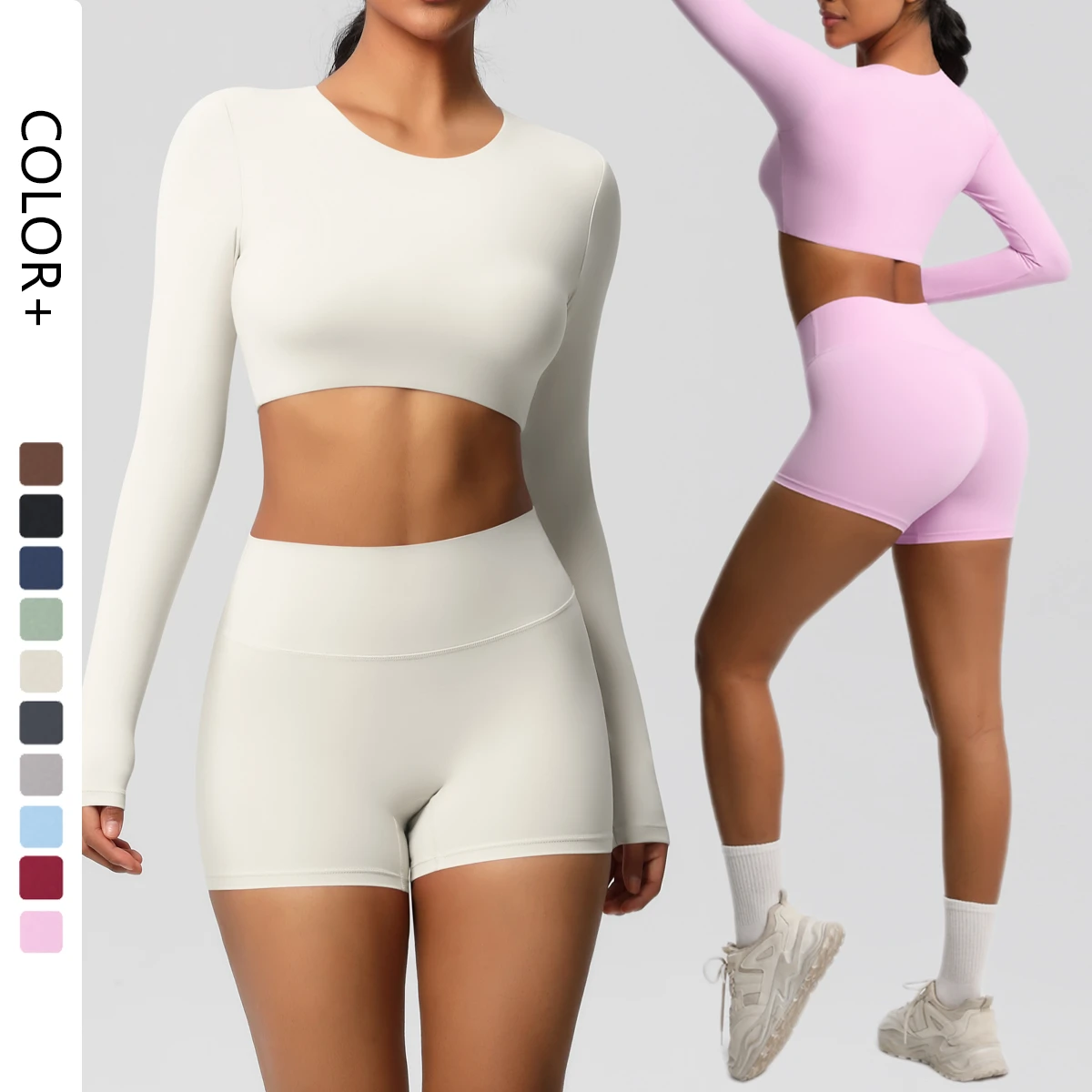 Hot Selling Women's Fitness Crop Top Yoga Set Breathable Neck Active Workout Shorts Sustainable Elastic Waist Seamless Design