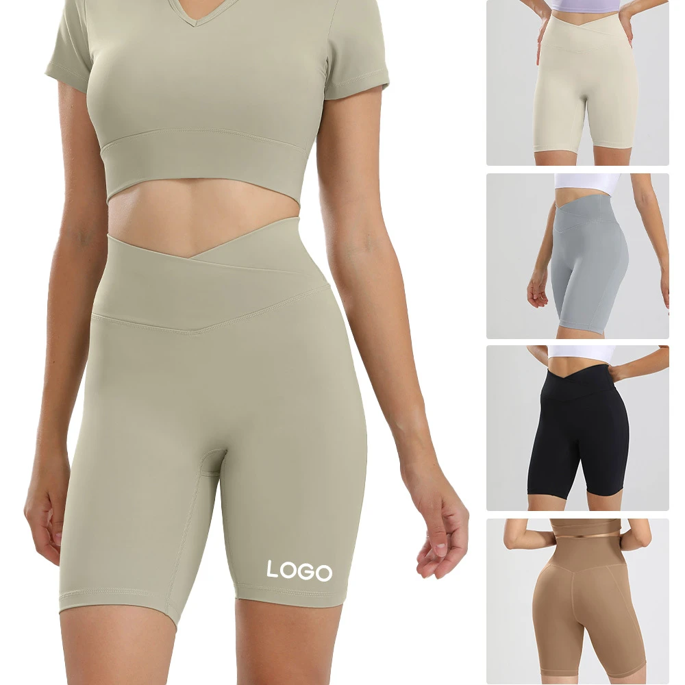 OEM Wholesale Sports 5 Inch V-Cross Waist High Stretch Butt Lifting Tummy Control Quick Dry Running Gym Yoga Shorts for Women