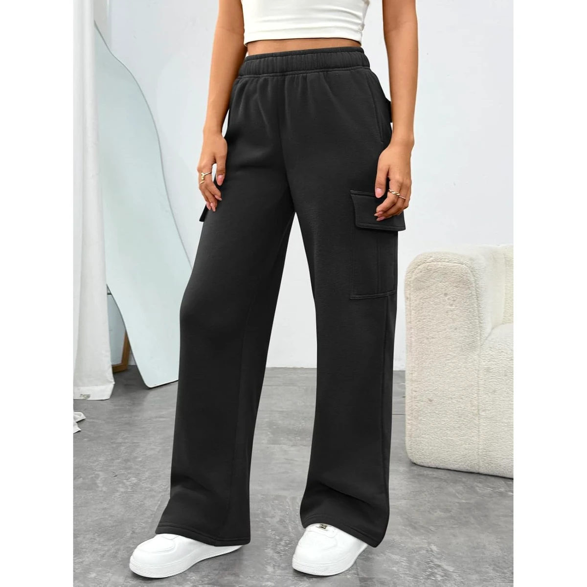 Custom 2025 Queen Womens Elastic Waist Wide Leg Cargo Joggers Barrel Baggy Pants Mid Straight-Leg Sweatpants Fall Work Travel