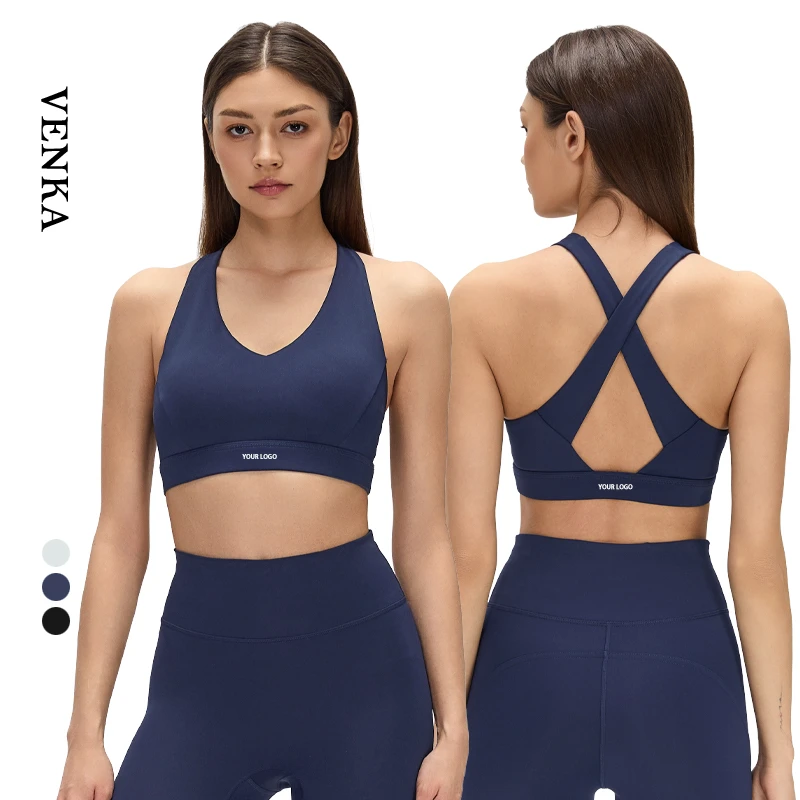 Cross Back Ladies High Strength Shockproof Push-Up V-Neck Crop Top Removable Chest Pad Custom Gym Running Yoga Sports Bra