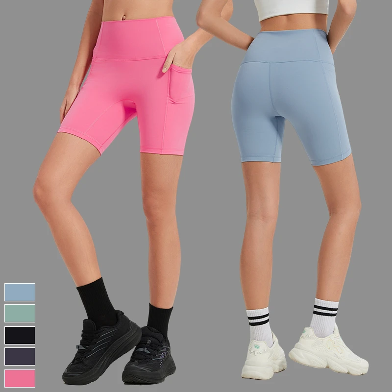 Wholesale High Waisted Hip Lift Belly Lulu Yoga Pants Women's Side Pocket Nude Shape No T Line Sport Shorts