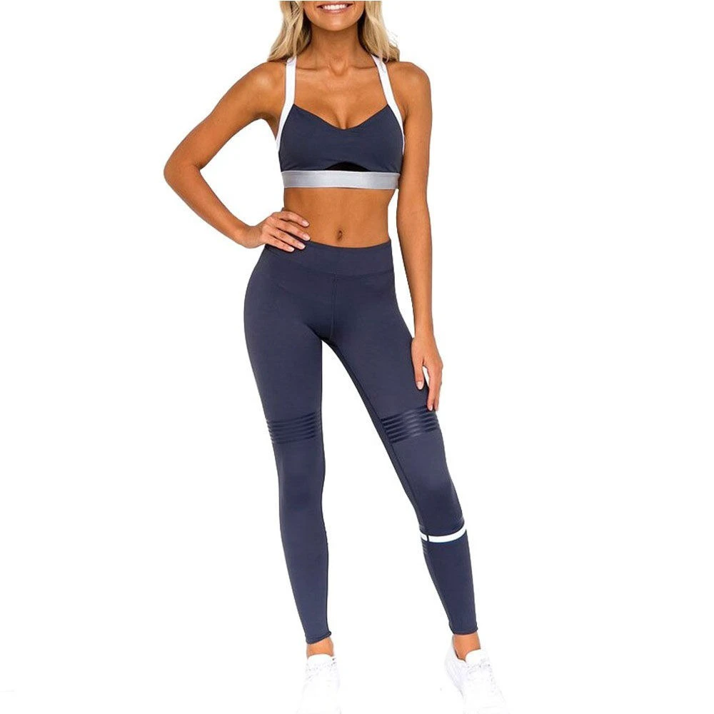 Solid Color Fitness Suit High Waist Full Legging Cross Back Sports Bra Front Quick Dry Breathable Athletic Gym Yoga 2 Piece Set