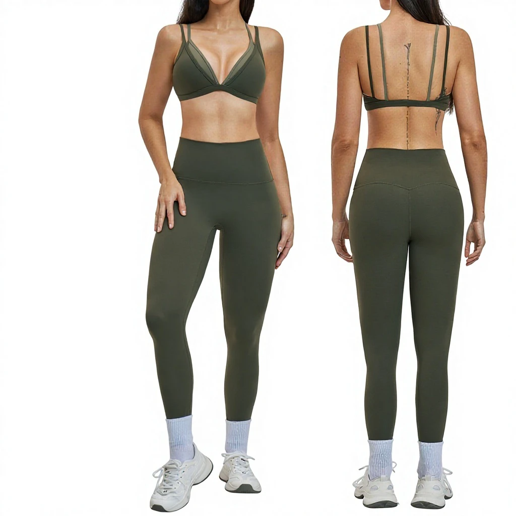 Elastic Solid Sweat-Wicking Two-Piece Spaghetti Strap Sports Bra & Leggings For Women-Running Yoga Workout
