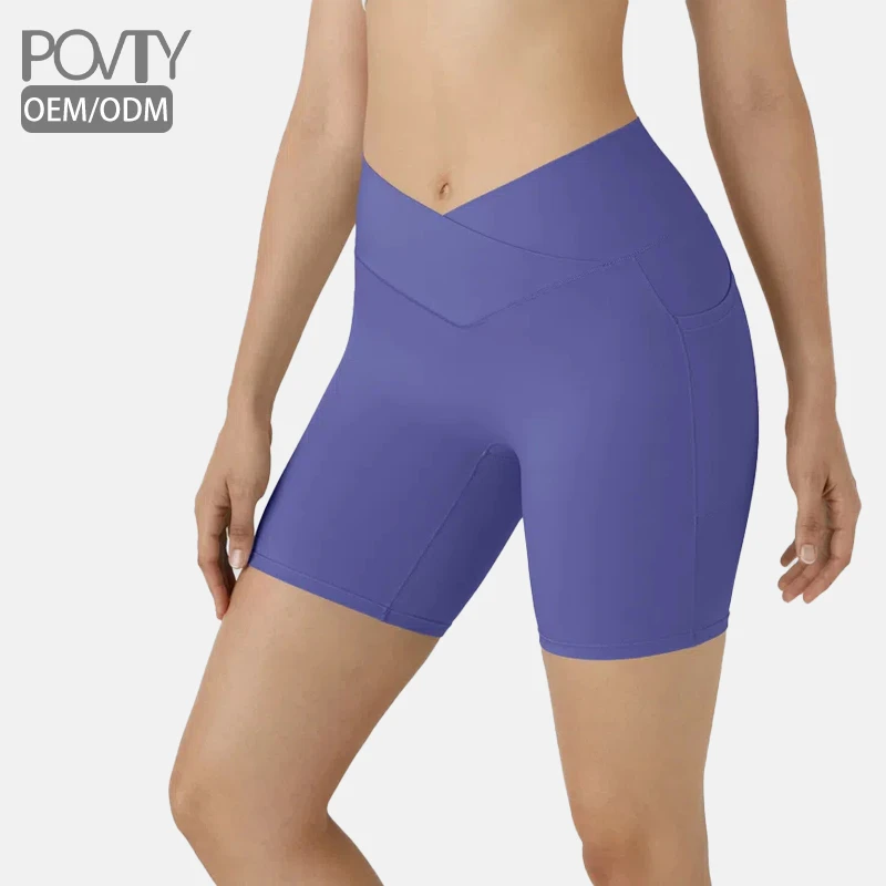 POVTY OEM/ODM Custom Logo Women's High Waist Solid Crossover Yoga Shorts Pockets Tummy Control Breathable Athletic Biker Shorts