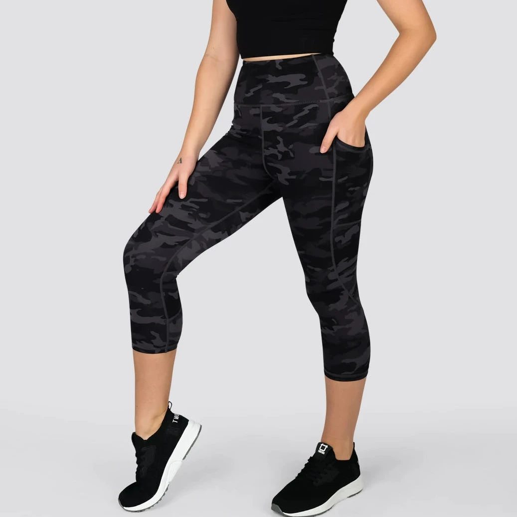 Women Fitness Yoga Camo Print High Waist 3/4 Leggings With Pocket Eco Friendly Custom Yoga Pants Tights Scrunch Leggings