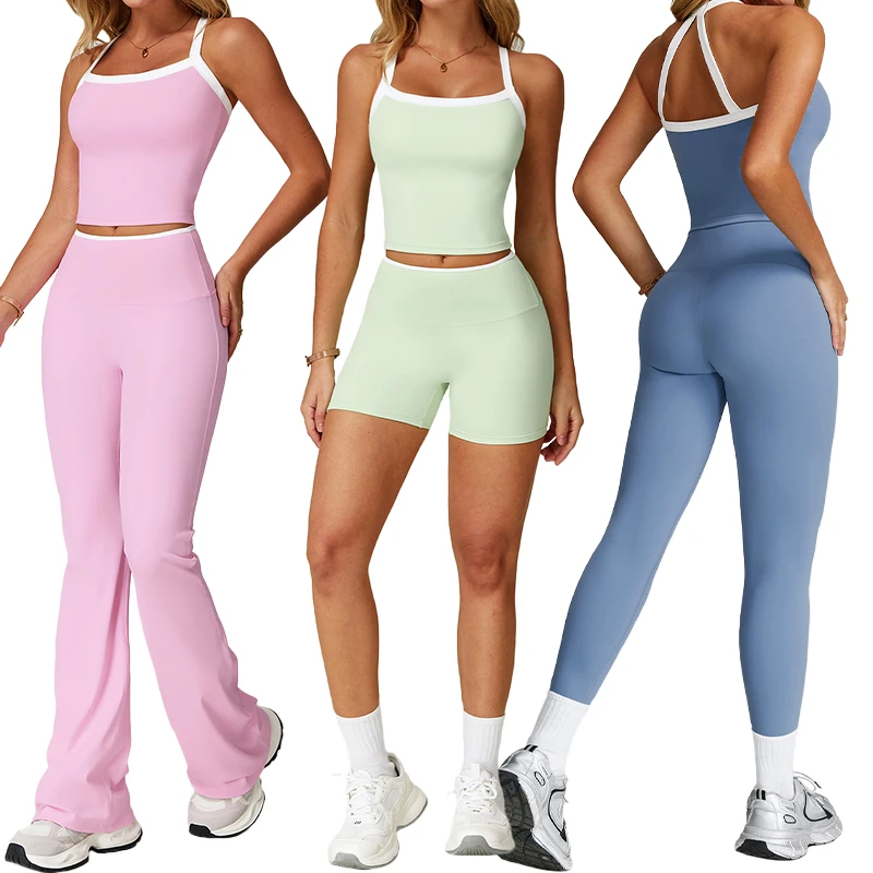TZ2027 Patchwork Yoga Set Halter Strap Sports Bra Cross Back Tight Gym Suit Women's Running Sports Fitness Set