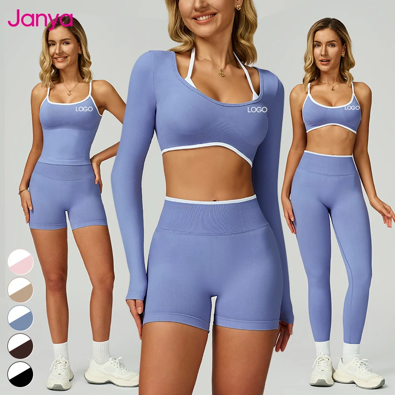 Janya Women's High Waist Workout Leggings and Fitness Bra Sets New Color Blocking Sportswear Suit Seamless 2 Piece Gym Yoga Set