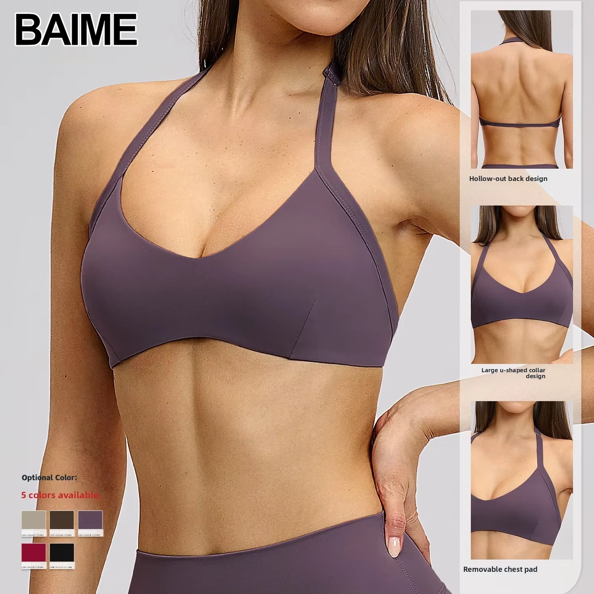 Cross-border European American Breathable High Support Brushed Fabric Halter Neck Sports Bra Hollow Back Yoga Fitness Bra