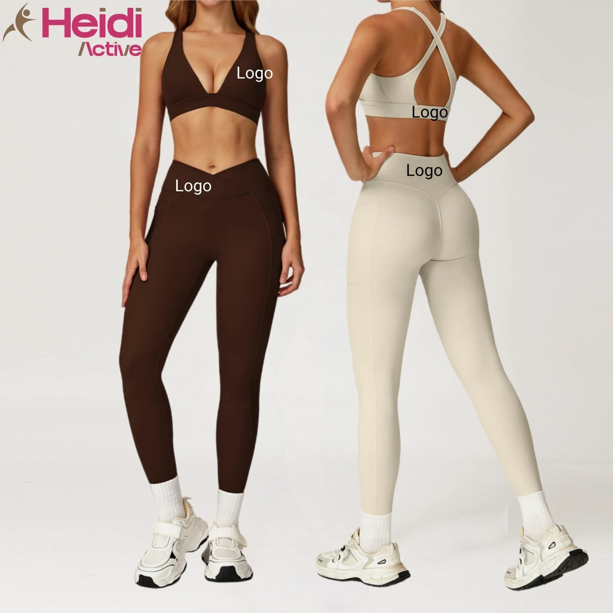 Activewear Customize Logo High Smpact Cross Strap V-neck Ribbed Yoga Bra V Waist Butt Lift Leggings with Pockets Ribbed Yoga Set