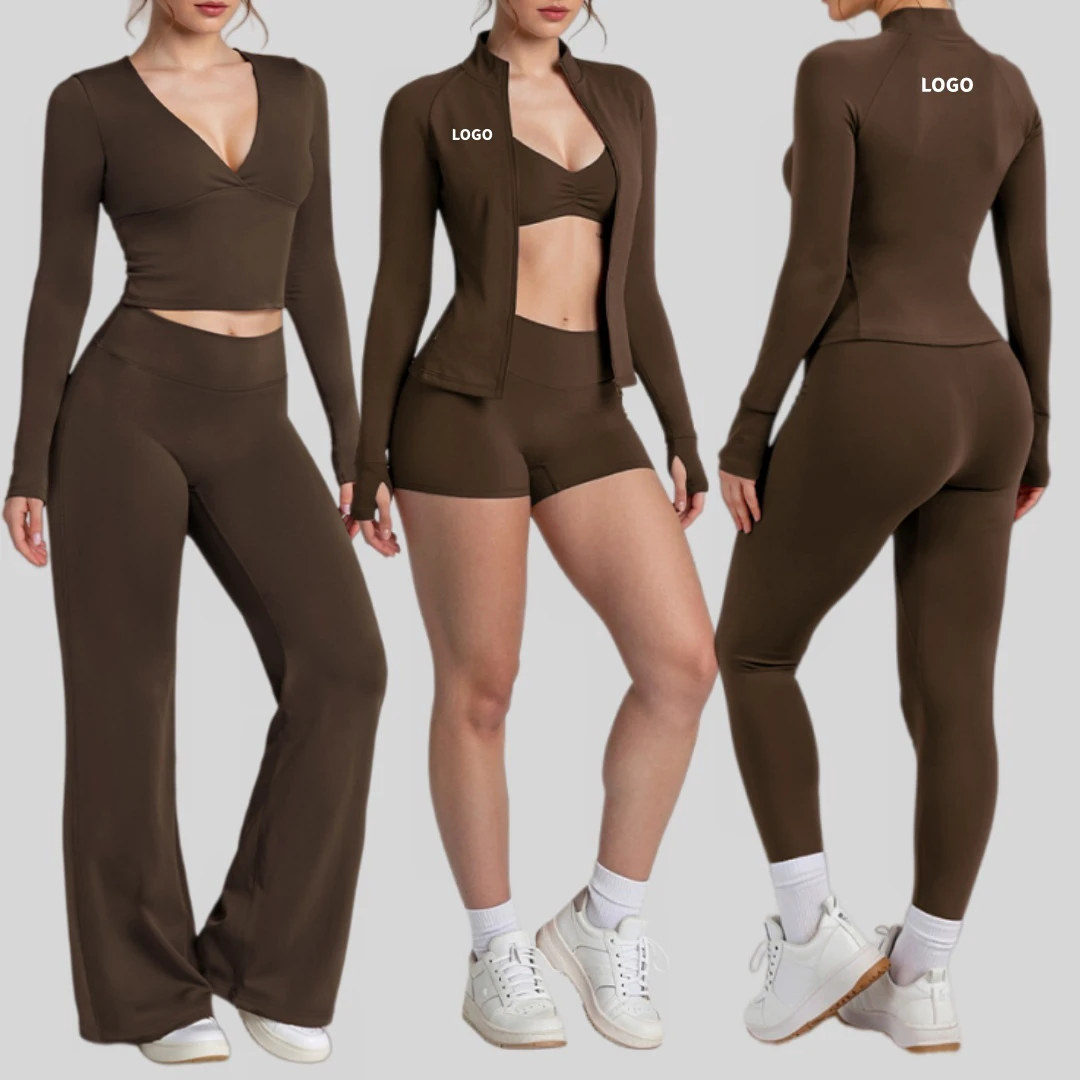 Women's 7-Piece Pilates Yoga Set Backless V-Neck Leggings Fitness Bra Four-Way Stretch Quick Dry Breathable Spandex/Nylon Front