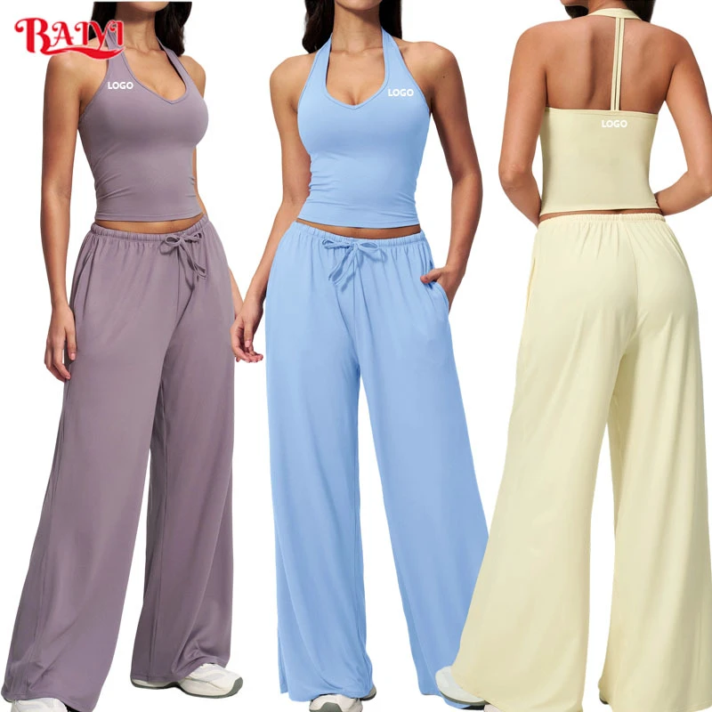 Custom logo Women Sports Yoga Sets High Waist Breathable Sleeveless Halter Bras Biker Legging 2 Piece Yoga Set Running Fitness