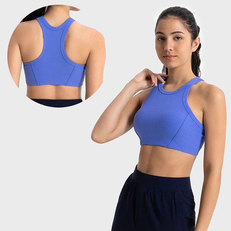 2025 Spring Breathable Full Cover High Neck Shockproof Running Bralette Removable Pads Women's High Impact Ribbed Sports Bra