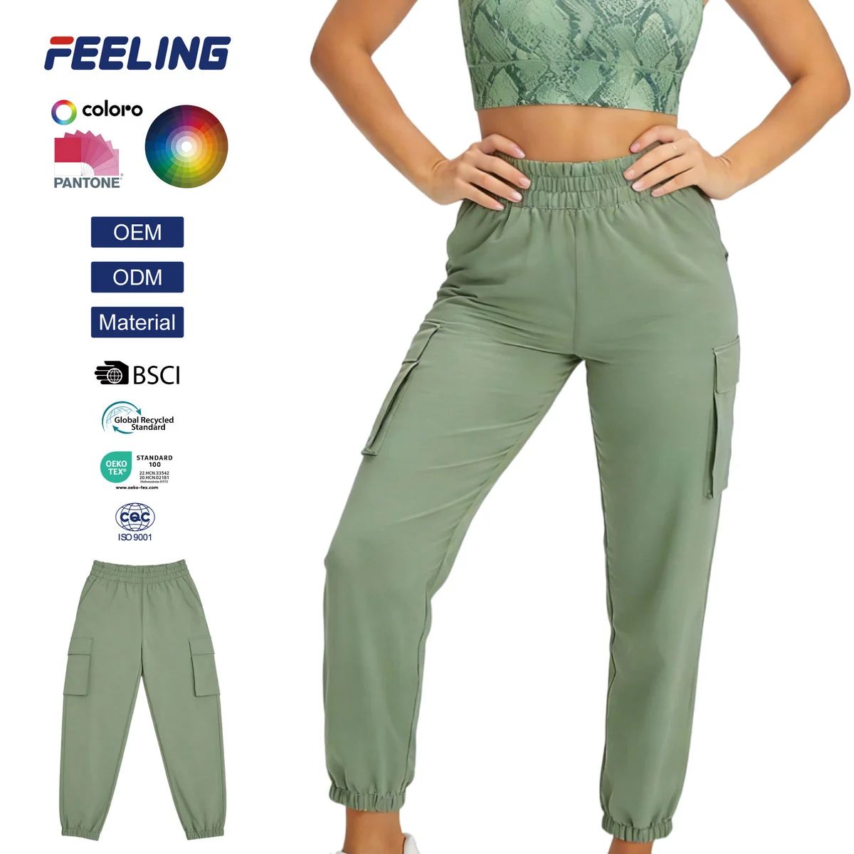 High Waisted Women's Gym Pants with Side Cargo Pockets Stretchy Elastic Waistband Breathable Quick Dry for Sports OEM ODM